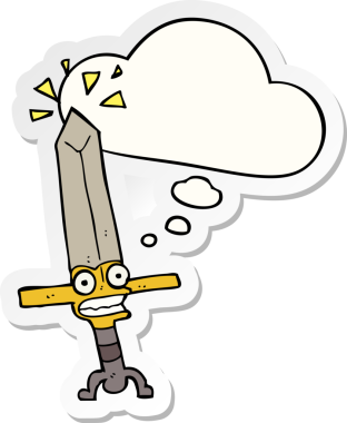 Düşünce baloncuklu sihirli kılıç insan tarafından çizilmiş bir çıkartma.