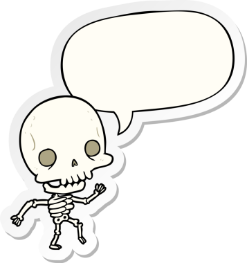 Bir insan tarafından çizilmiş konuşma kabarcığı çıkartması ile dans eden şirin bir iskelet.