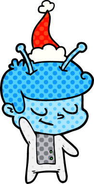 Bir insan tarafından çizilmiş Noel Baba şapkası giyen bir uzay adamının çizgi roman çizimi.