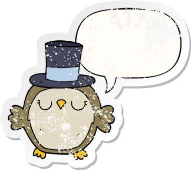 Konuşma baloncuklu silindir şapka takan baykuş, bir insan tarafından çizilmiş sıkıntılı eski bir çıkartma.