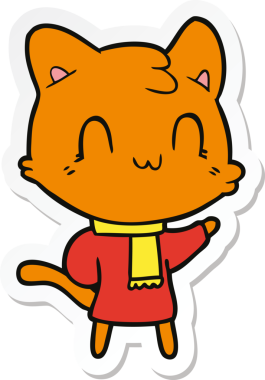 Bir insan tarafından çizilmiş eşarp giyen mutlu bir kedinin çıkartması.