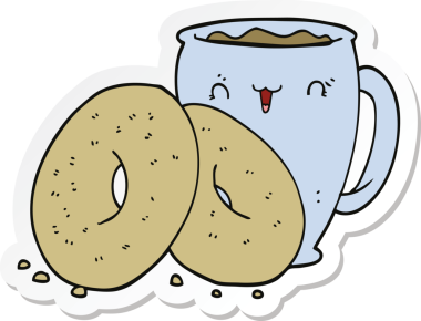 Bir insan tarafından çizilmiş kahve ve çörek etiketi.