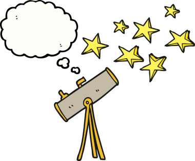 Düşünce baloncuklu teleskop ve bir insan tarafından çizilmiş yıldızlar.