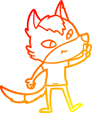 Bir insan tarafından çizilen barış işaretini veren dost canlısı bir kurt çizgi çizimi.