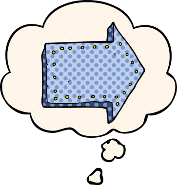 Bir insan tarafından çizilmiş çizgi roman tarzında düşünce baloncuklu ok gösteren çizgi film.