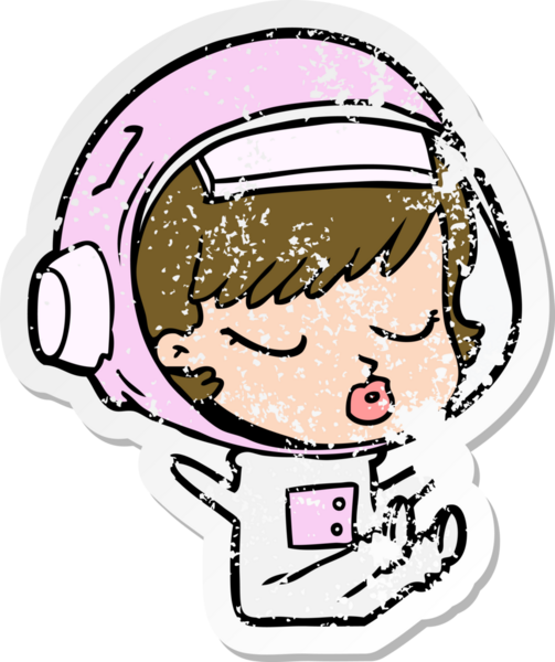 Bir karikatür çıkartması. Bir insan tarafından çizilmiş güzel astronot kız.