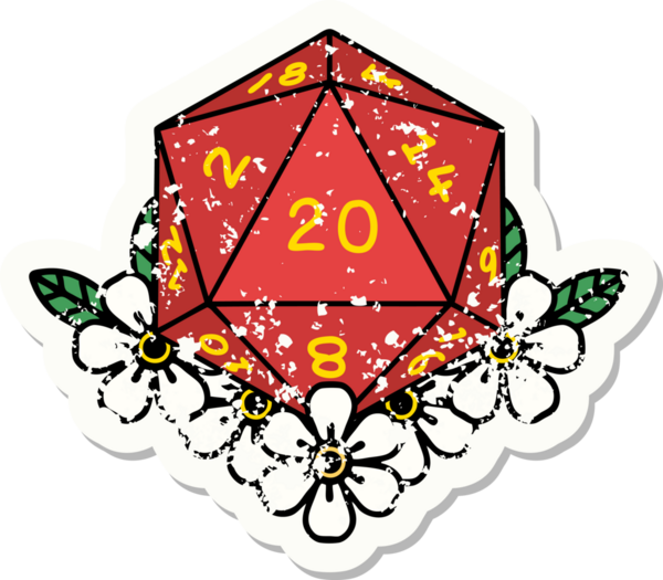 Bir insan tarafından çizilmiş çiçek elementleriyle 20 D20 zarının grunge sticker 'ı.