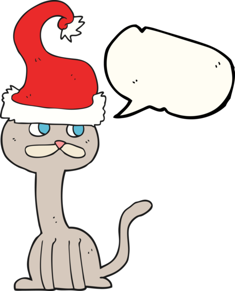 Bir insan tarafından çizilmiş Noel şapkası takan serbest konuşma balonu çizgi filmi kedisi.