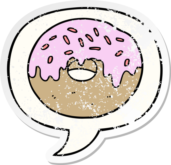 Konuşma baloncuklu çizgi film donutu bir insan tarafından çizilmiş sıkıntılı eski bir çıkartma