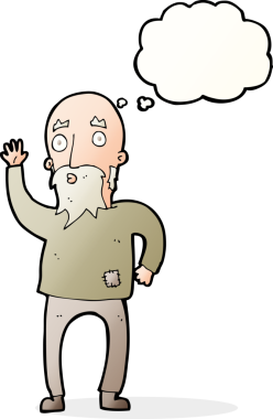 Bir insan tarafından çizilmiş düşünce baloncuğuyla el sallayan yaşlı bir adam.