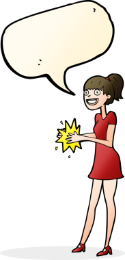 Bir insan tarafından çizilen konuşma baloncuğuyla el çırpan çizgi film kadını.