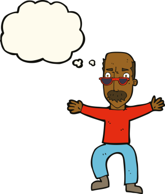 Bir insan tarafından çizilmiş düşünce baloncuğuyla kollarını sallayan yaşlı bir adam.