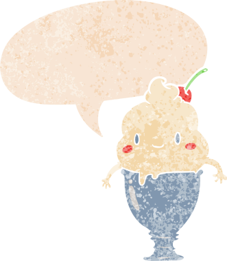 Bir insan tarafından çizilmiş grunge sıkıntılı retro tarzı konuşma baloncuklu tatlı çizgi film dondurması.