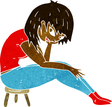 Bir insan tarafından çizilmiş küçük bir taburede oturan karikatür kadını.