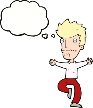 Bir insan tarafından çizilmiş düşünce baloncuğu olan korkmuş bir adam.