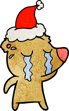 Ağlayan bir ayının insan tarafından çizilmiş Noel Baba şapkası giydiği el çizimi bir çizgi film.