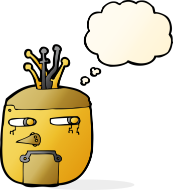 Bir insan tarafından çizilmiş düşünce baloncuklu altın robot kafası.