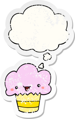 Yüzünde düşünce kabarcığı olan çizgi film keki insan tarafından çizilmiş yıpranmış bir çıkartma gibi.