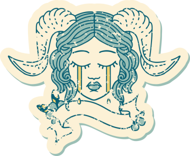 Retro Dövme Biçimi, bir insan tarafından çizilmiş kaydırma pankartıyla ağlayan karakter yüzü