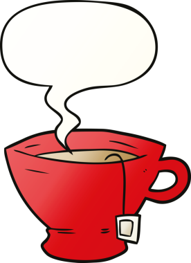 Bir insan tarafından çizilmiş yumuşak eğimli konuşma baloncuklu çay fincanı.