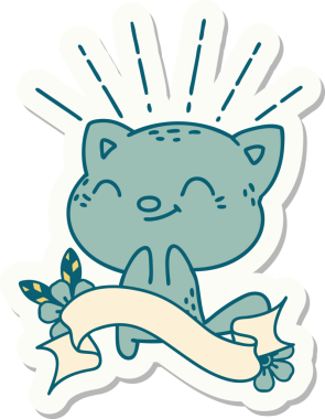 Bir insan tarafından çizilmiş dövme stili mutlu bir kedi.