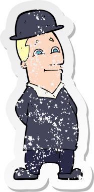 Bir insan tarafından çizilmiş melon şapka giyen bir çizgi film karakterinin gerilimli çıkartması.