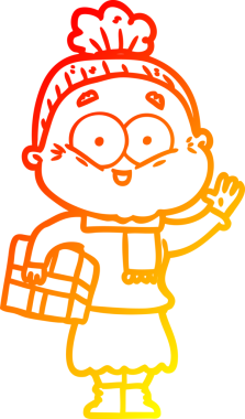 Bir insan tarafından çizilmiş mutlu, yaşlı bir kadının sıcak çizgi çizimi.