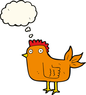 Bir insan tarafından çizilmiş düşünce kabarcığı olan çizgi film tavuğu.
