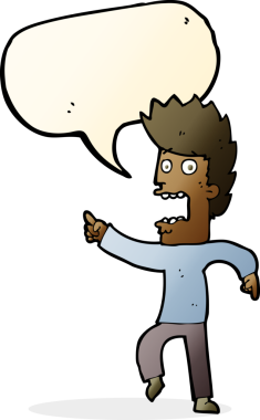 Bir insan tarafından çizilmiş, konuşma balonuyla dehşete düşmüş bir adam.