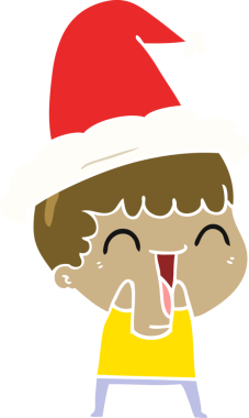 Bir insan tarafından çizilmiş Noel Baba şapkası takan mutlu bir adamın düz renkli çizimi.