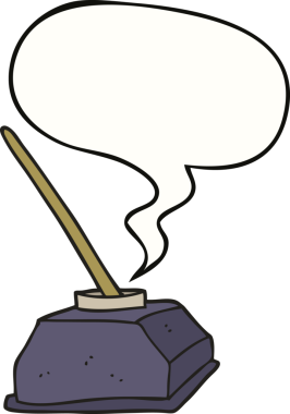 bir insan tarafından çizilmiş eski bir mürekkep kabı ve konuşma baloncuklu kalem.