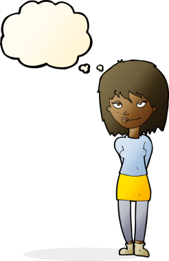 Bir insan tarafından çizilmiş düşünce balonlu mutlu kadın çizgi filmi.