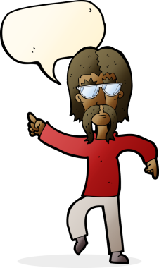 Bir insan tarafından çizilmiş konuşma balonlu gözlüklü bir hippi.