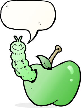 bir insan tarafından çizilmiş konuşma balonlu elma yiyen çizgi film böceği