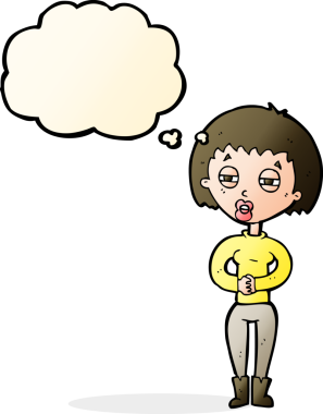 Bir insan tarafından çizilmiş düşünce baloncuğu olan yorgun bir kadın.