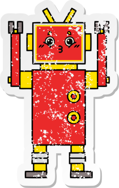 Bir insan tarafından çizilmiş sevimli bir robot çizgi film çıkartması.