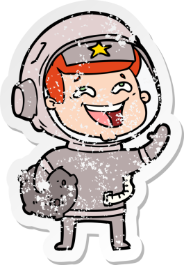 Bir insan tarafından çizilmiş gülen astronot çizgi filminin sıkıntılı çıkartması.