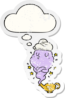 Düşünce baloncuğu olan çizgi film cini insan tarafından çizilmiş yıpranmış bir çıkartma.