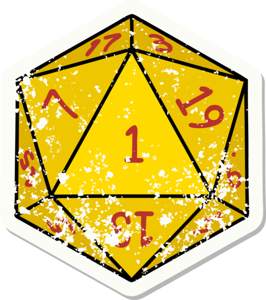 Bir insan tarafından çizilmiş 1 D20 zarının grunge sticker 'ı