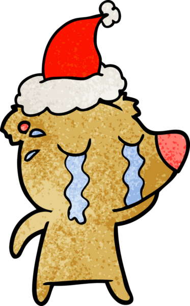 Ağlayan bir ayının insan tarafından çizilmiş Noel Baba şapkası giydiği el çizimi bir çizgi film.