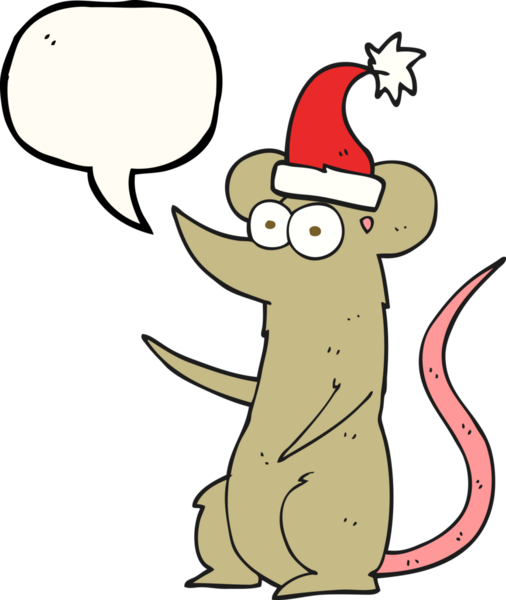 Bir insan tarafından çizilmiş Noel şapkası giyen serbest konuşma balonu çizgi film faresi.