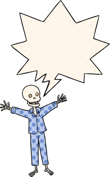 Çizgi roman tarzında konuşan pijama giyen bir insan tarafından çizilmiş bir iskelet.