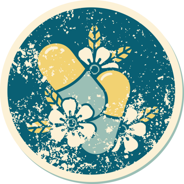 Bir insan tarafından çizilmiş hapların ve çiçeklerin sembolik depresif dövme şekli