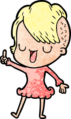 Bir insan tarafından çizilmiş hippi saç kesimli sevimli bir çizgi film kızı.