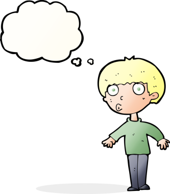 Bir insan tarafından çizilmiş düşünce baloncuğu olan bir çocuk.