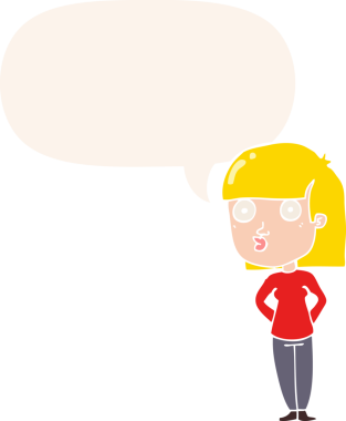 Bir insan tarafından çizilmiş eski tarz konuşma baloncuğuyla bakan çizgi film kadını.