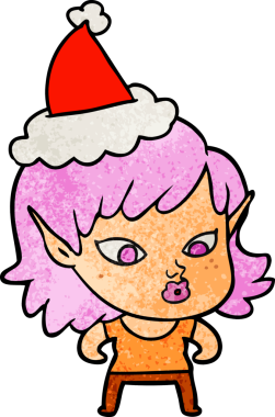 Bir insan tarafından çizilmiş Noel Baba şapkası takan bir elf kızı çizilmiş güzel bir el çizimi.