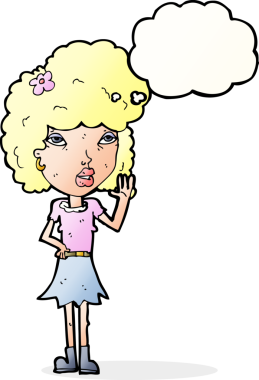 Bir insan tarafından çizilmiş düşünce baloncuğuyla el sallayan çizgi film kadını.