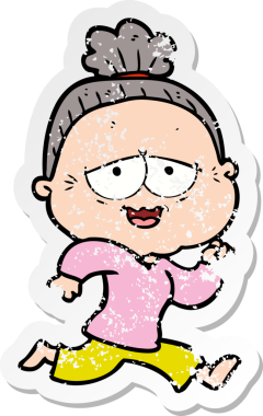 Bir insan tarafından çizilmiş mutlu, yaşlı bir kadının sıkıntılı çıkartması.