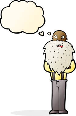 Karikatür sakallı yaşlı adam. Düşünce baloncuğu insan tarafından çizilmiş.